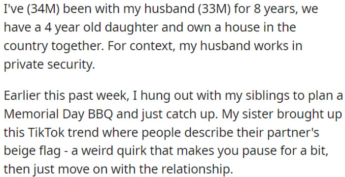 OP and his husband discussed a TikTok trend about quirks in their relationship during a family BBQ planning session.