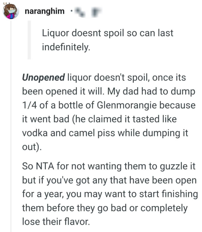 Once liquor has been opened, it can spoil