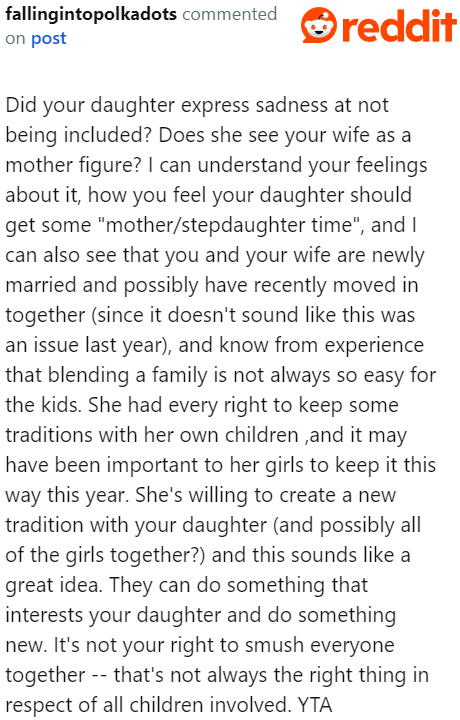 The OP should ask his daughter first to see if she really wants to be included. Maybe he's just pushing for something unnecessary.