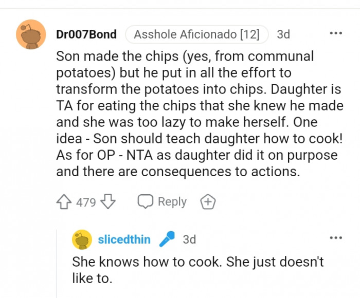 Son should teach daughter how to cook