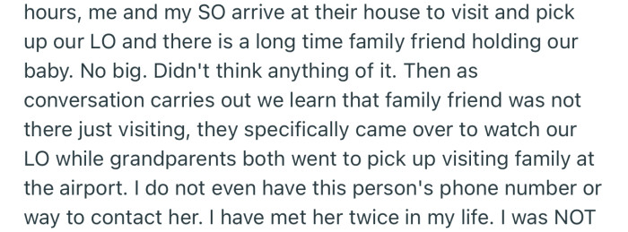 OP returned to discover that her partner’s parents had left her baby with a family friend she barely knows