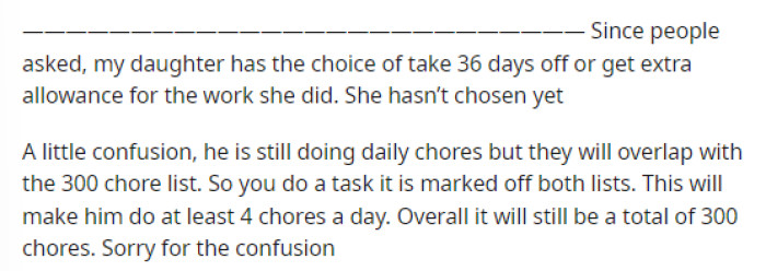 She then provided a bit more insight in an edit that she added at the end to explain her reasoning and what she exactly means by 300 chores.