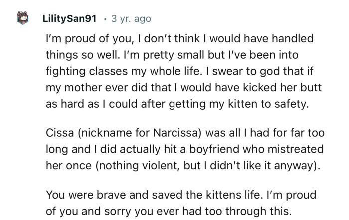 “You were brave and saved the kitten's life. I’m proud of you and sorry you ever had to go through this.”