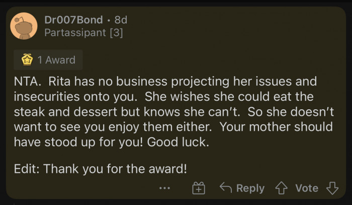 Rita wishes she could have eaten the things OP ate.