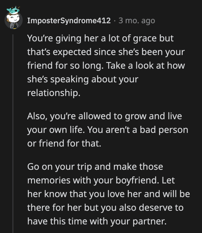 OP living a life separate from her friendship with Trish doesn't make her a bad friend. A good friend would be happy and excited for OP.