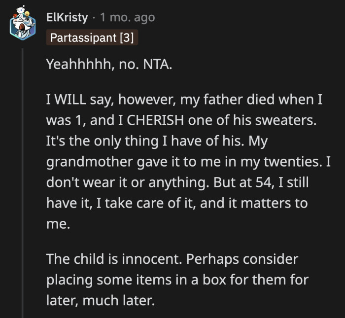 OP should trust her gut and pass along her husband's possessions to his child once they're old enough.