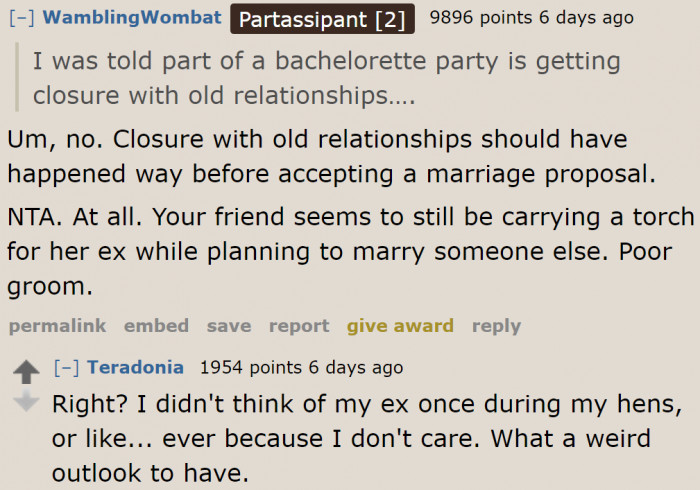 Some Redditors pointed out that the closure part isn't supposed to happen before the wedding.