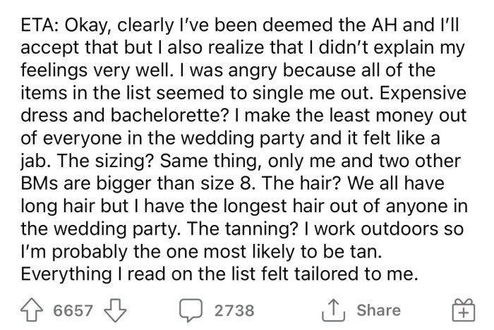 In a later update, the OP explained that she was so angry because she felt singled out by the bride.