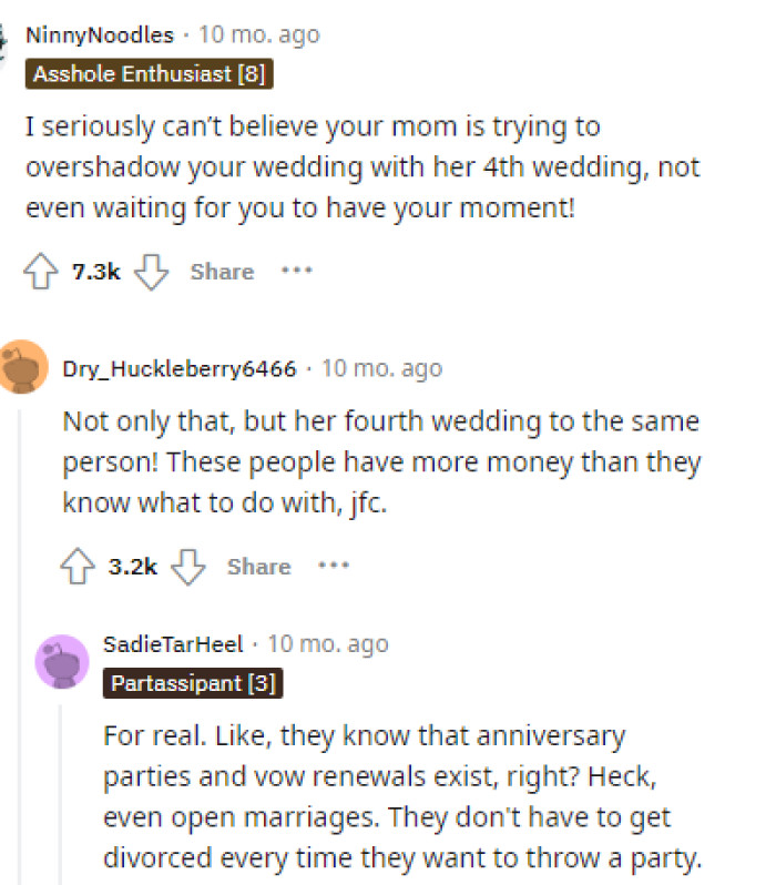This is when people came into the comments to give their opinions on her parents' 5th wedding ceremony.