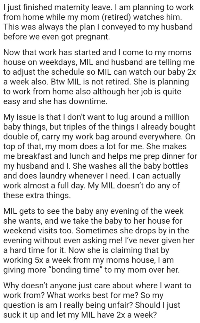 OP's mom makes her breakfast and lunch and helps her prep dinner for her and her husband