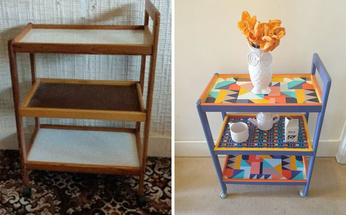 40. He transformed a vintage tea trolley sourced from Facebook Marketplace into a vibrant piece using paint and fabric