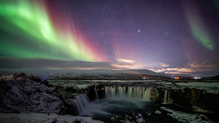 “Colorful Aurora And Waterfall” By Yifan Cao