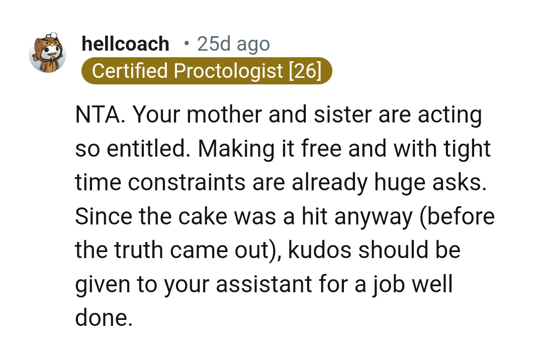 The cake was a hit anyway, so OP's sister should not come for her