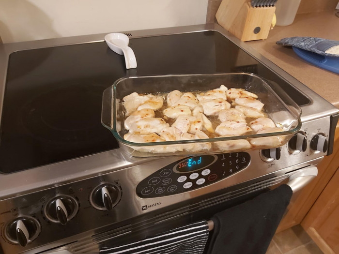 37. This is how my wife leaves a dish after taking it out of the oven and WALKS AWAY. We have children and a dog...