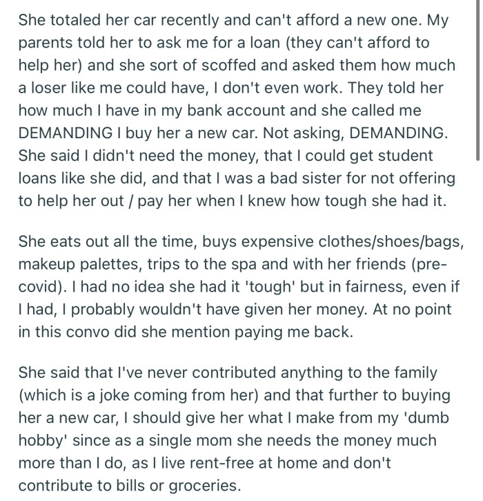 OP’s sister totaled her car recently, and now she’s demanding that OP buy her a new one