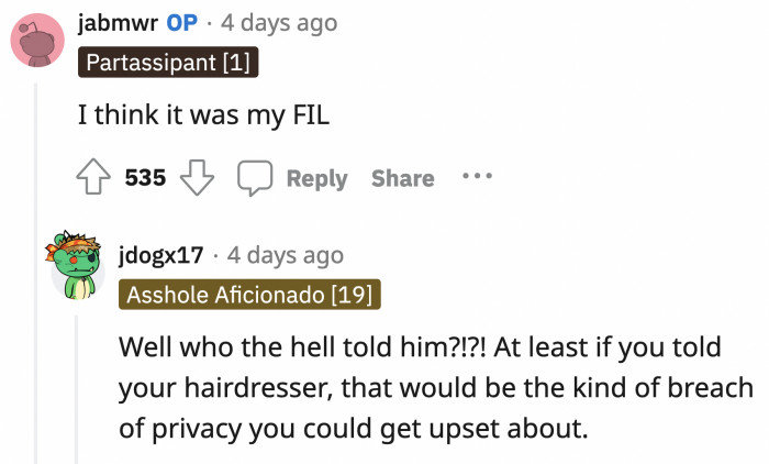 OP thinks her father-in-law spilled the beans