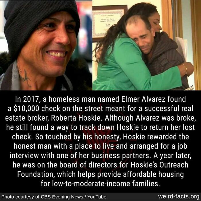 35. A homeless man returned a $10,000 check he found on the street and was rewarded with a sustainable life