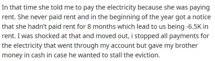 OP covered electricity costs but later discovered her mother hadn't paid rent for 8 months, leading to a $6.5K debt.