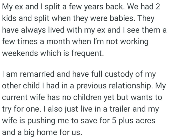 OP's kids have always lived with OP's ex and he sees them a few times a month