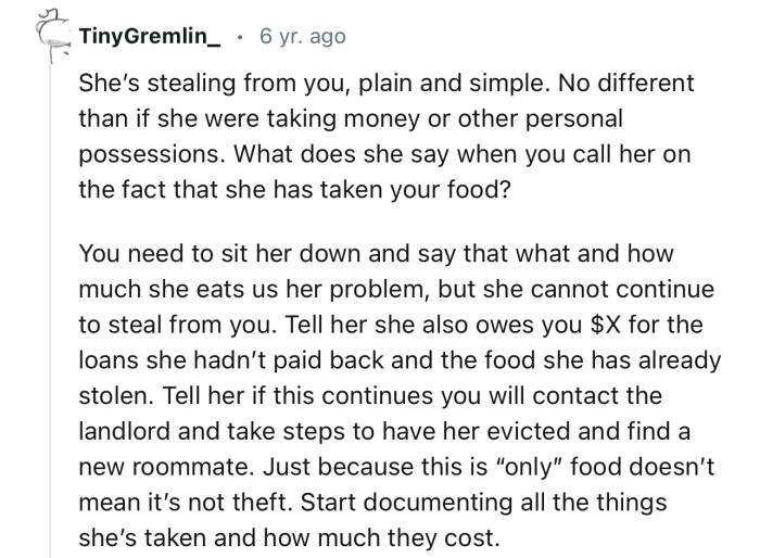 “Tell her if this continues you will contact the landlord and take steps to have her evicted.”