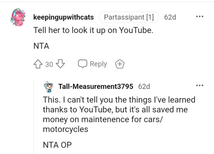 This Redditor advises the OP to tell her to look it up on YouTube