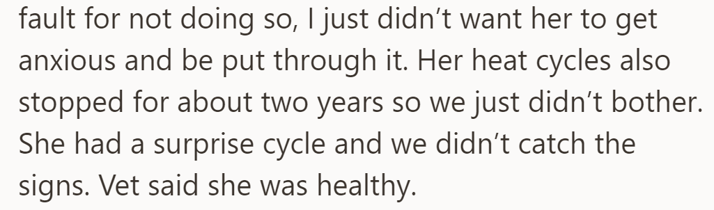 OP's fault for not spaying due to anxiety concerns. Missed signs of a surprise cycle.