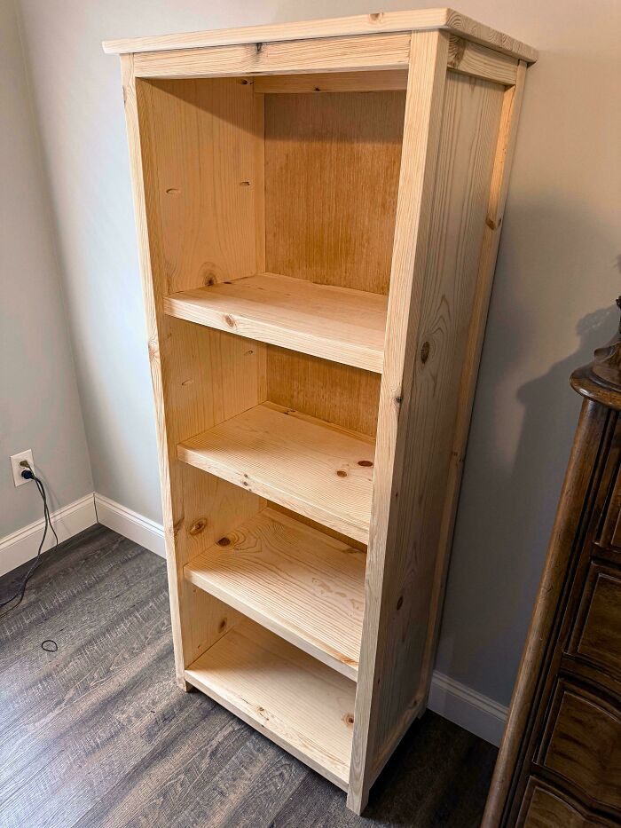 "Behold, The Most Generic Book Shelf Ever! It May Not Be Exciting, But It’s My First Project Ever And I’m Extremely Proud Of It!"