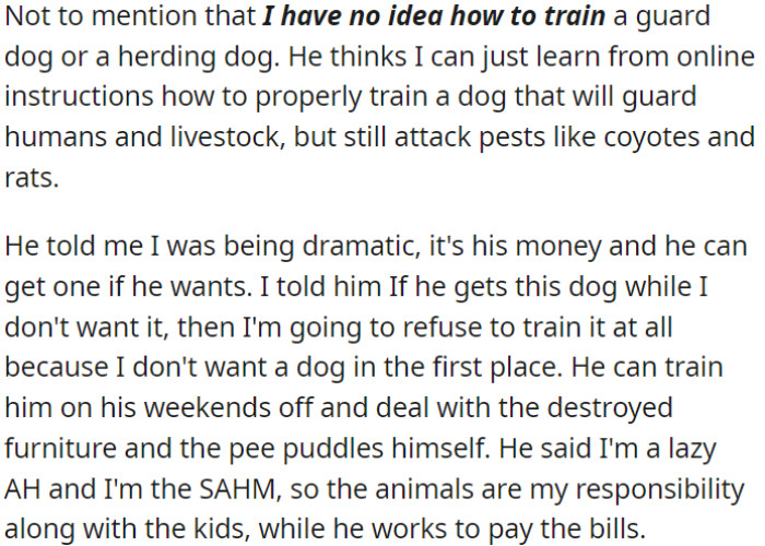The OP's husband thinks online guides can help her train a dog. He believes she should care for the kids and pets while he handles the bills.