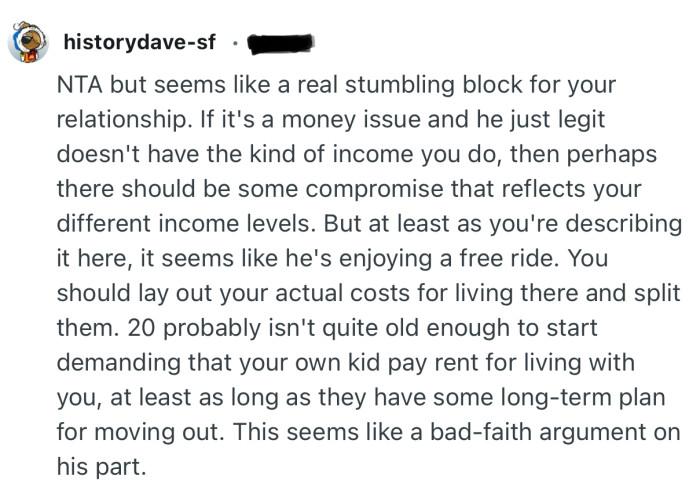 “There should be some compromise that reflects your different income levels.”