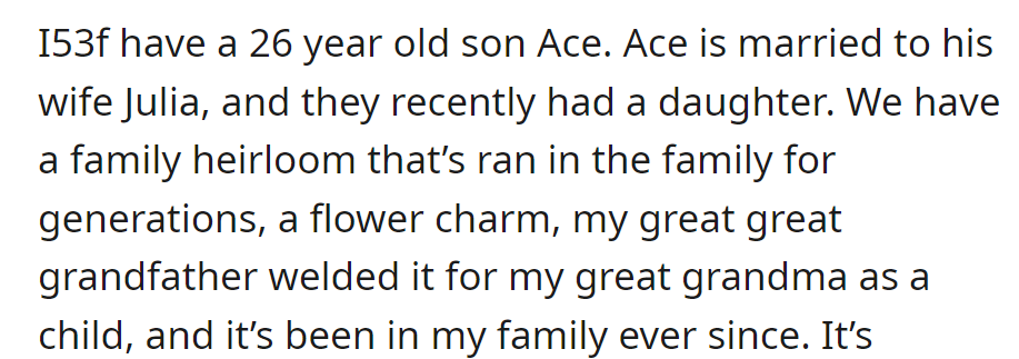 Ace and Julia, parents of a newborn—and their family cherishes a flower charm passed down through generations, crafted by a great-great-grandfather for his great-grandmother.