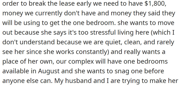 But the aunt decided to move to a one-bedroom apartment: