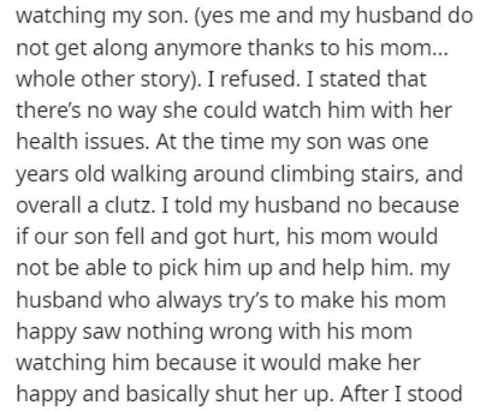 OP doesn't want her MIL to watch her son because of her mobility issues