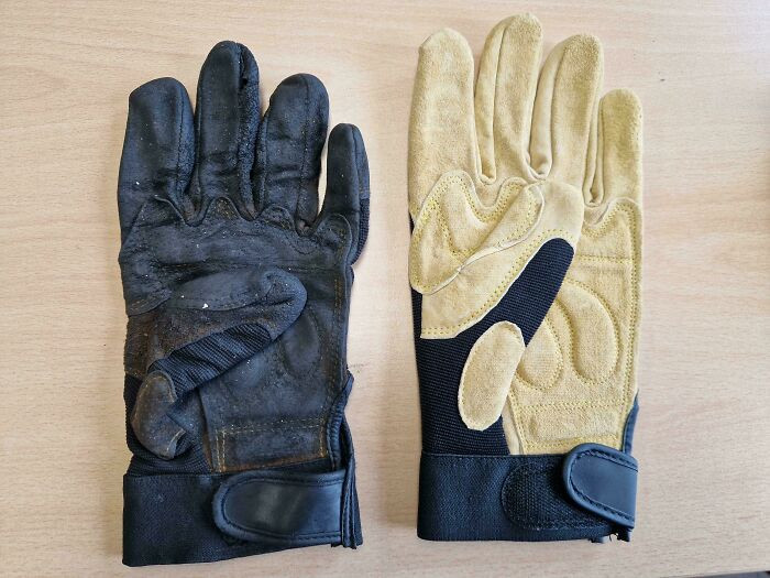 "My Leather Work Gloves After 4 Years As An Aircraft Mechanic On Russian Planes vs. A New Pair. The One On The Left Was The Same Color As The One On The Right Originally"