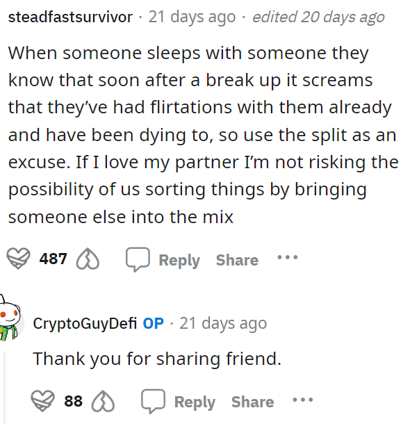 This is definitely the vibe we get from this because if she did it so quickly, then the feelings and temptations were already there.