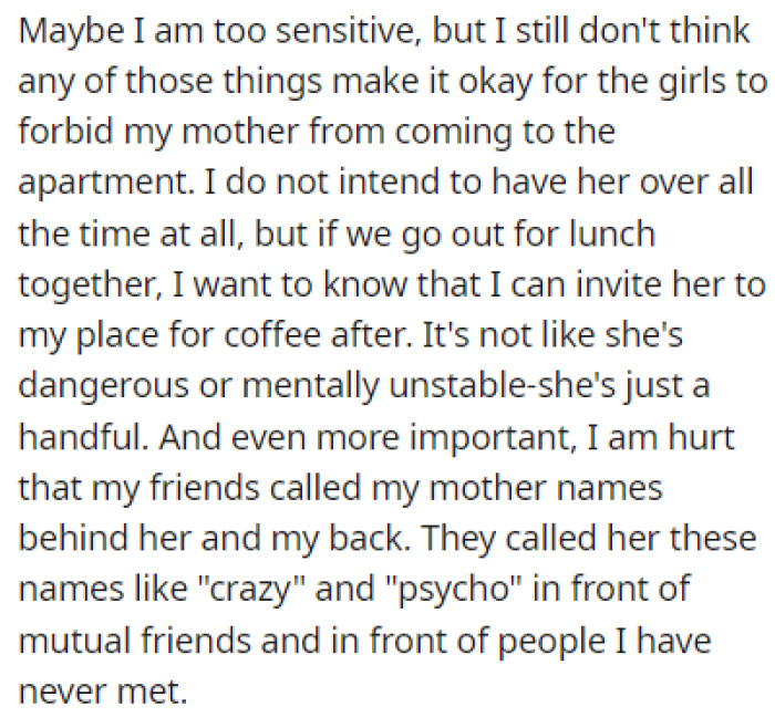 OP Believes It's Not Right for His Roommates to Forbid His Mother from Coming to the Apartment