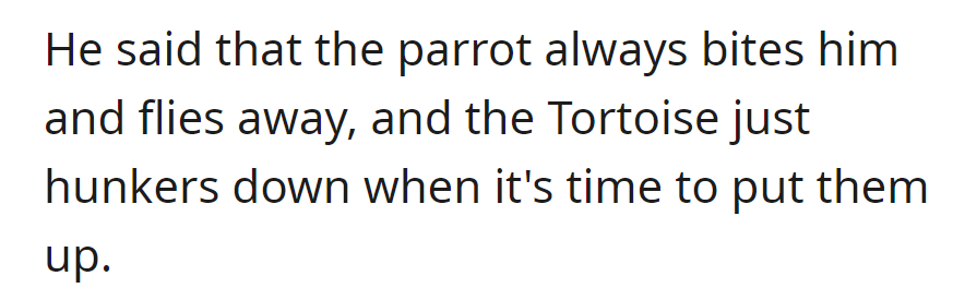 The parrot bites and flies away; the tortoise hunkers down when it's time to put them up.