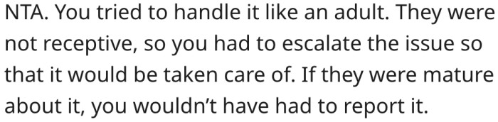 11. If her neighbors were mature, there wouldn't have been a need to escalate things.