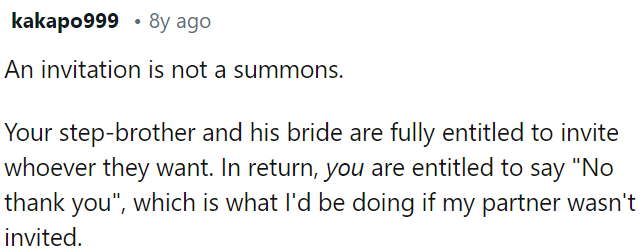 An invitation isn't an obligation; OP has the right to decline, especially if her partner isn't included.