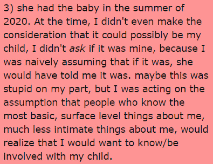 That friend had the baby, and OP thought that it wasn't his child since she never told him