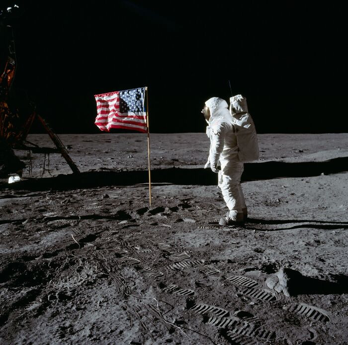 "Astronaut Edwin Aldrin Poses Beside The U.S. Flag That Has Been Placed On The Moon"