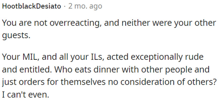 OP's MIL and in-laws were incredibly rude and thoughtless by ordering only for themselves during a dinner with guests.