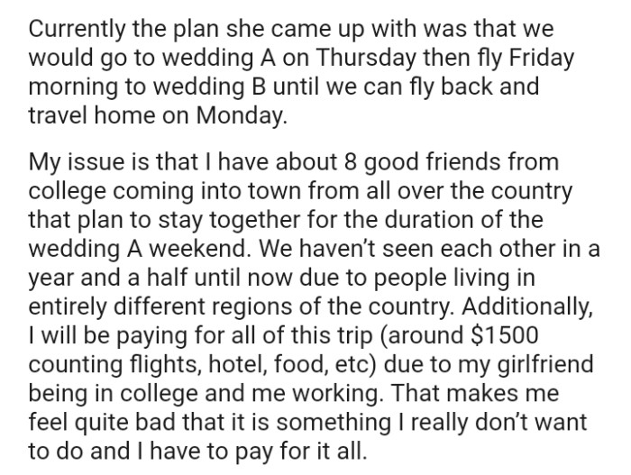 OP's good friends from college are coming into town from all over the country and they plan to stay together for the wedding A weekend