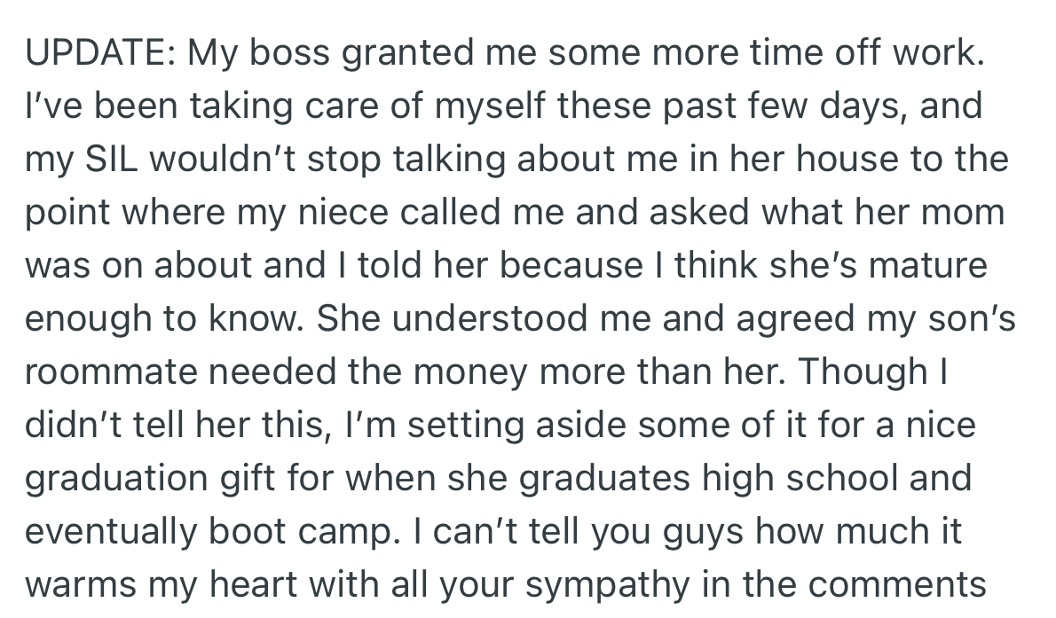 OP’s SIL speaks ill of him at her home, which causes her daughter to learn the truth from her uncle. However, OP secretly sets aside some funds as a graduation surprise for his niece.