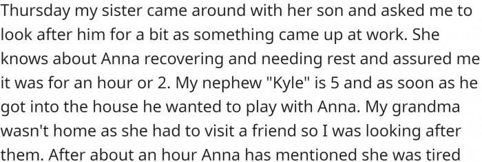 . When her sister came around with her son, Kyle, who is 5 years old, and asked OP to look after him for a bit, OP complied with the request