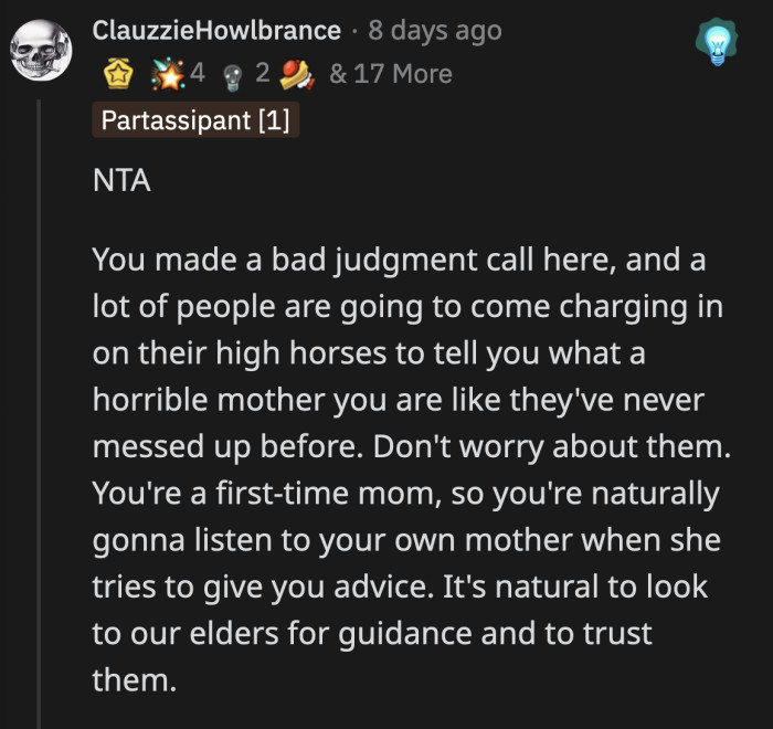 OP made a mistake in trusting her mom to have reliable advice