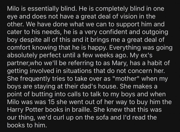 Op's son, Milo, is completely blind in one eye.