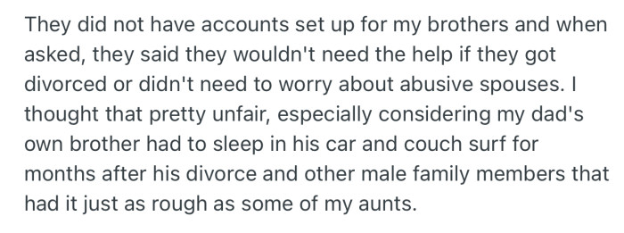 OP felt that her parents not setting up emergency accounts for her brothers was unfair