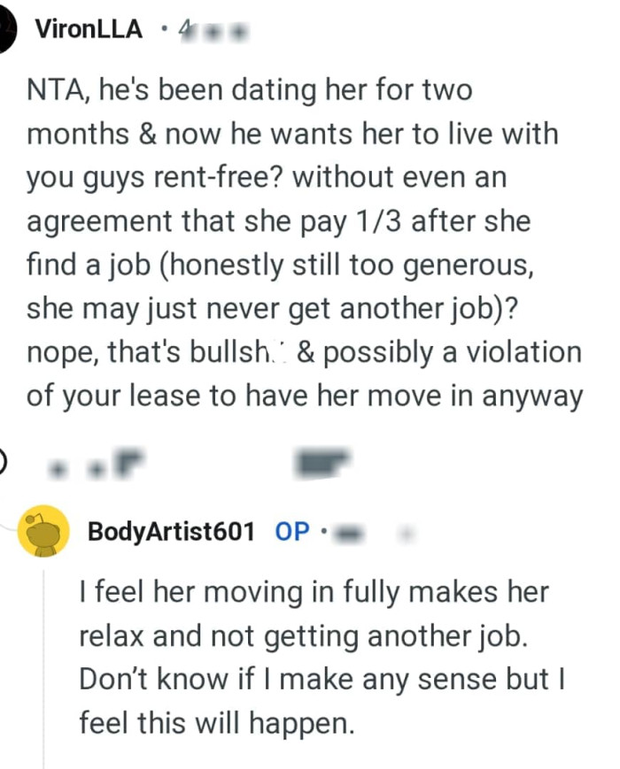 He wants her to live there rent free?