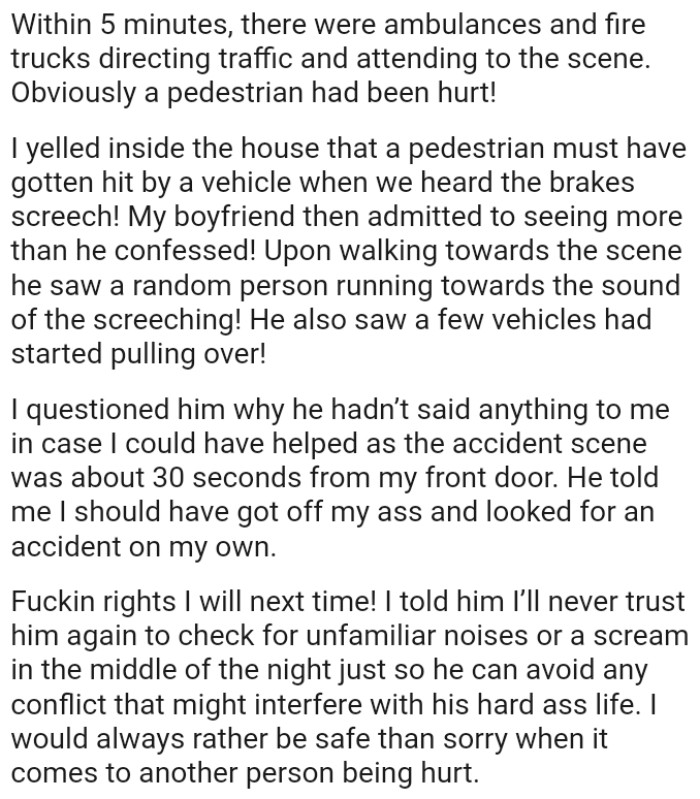 Upon walking toward the scene, he saw a random person running toward the sound of the screeching.