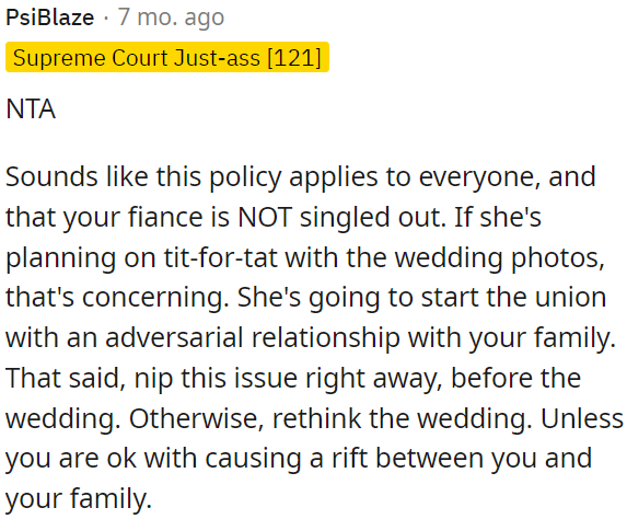 OP's fiancée's plan for tit-for-tat with wedding photos could create problems and strain the relationship with the family.